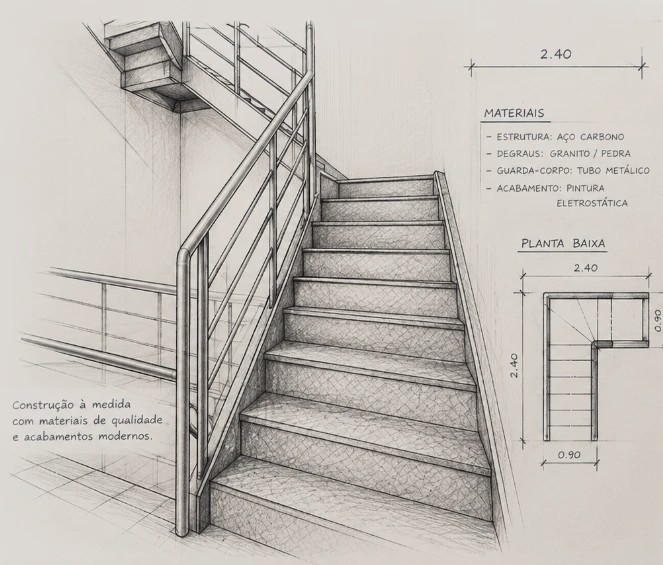 Desenho técnico de escada metálica com materiais e planta baixa