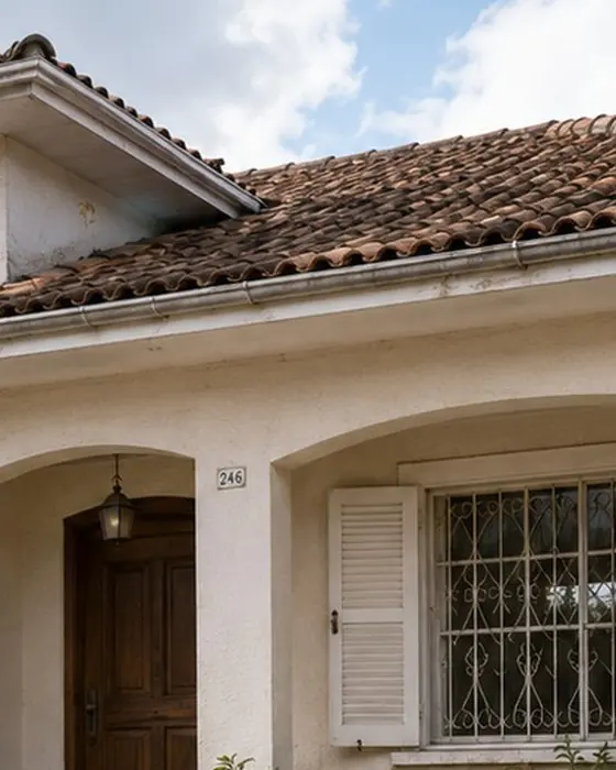 Entrada de uma casa antiga, com telhado de telha e janela com grades